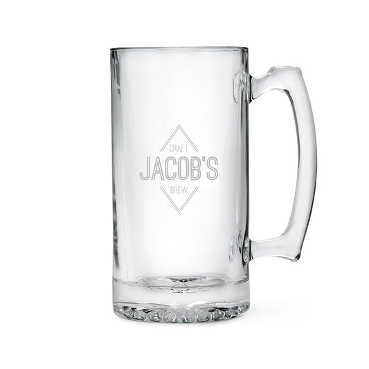 Personalized Large Glass Beer Mug - Custom Monogram Etched Glass Drink Stein For Groomsmen - Vispro Designs
