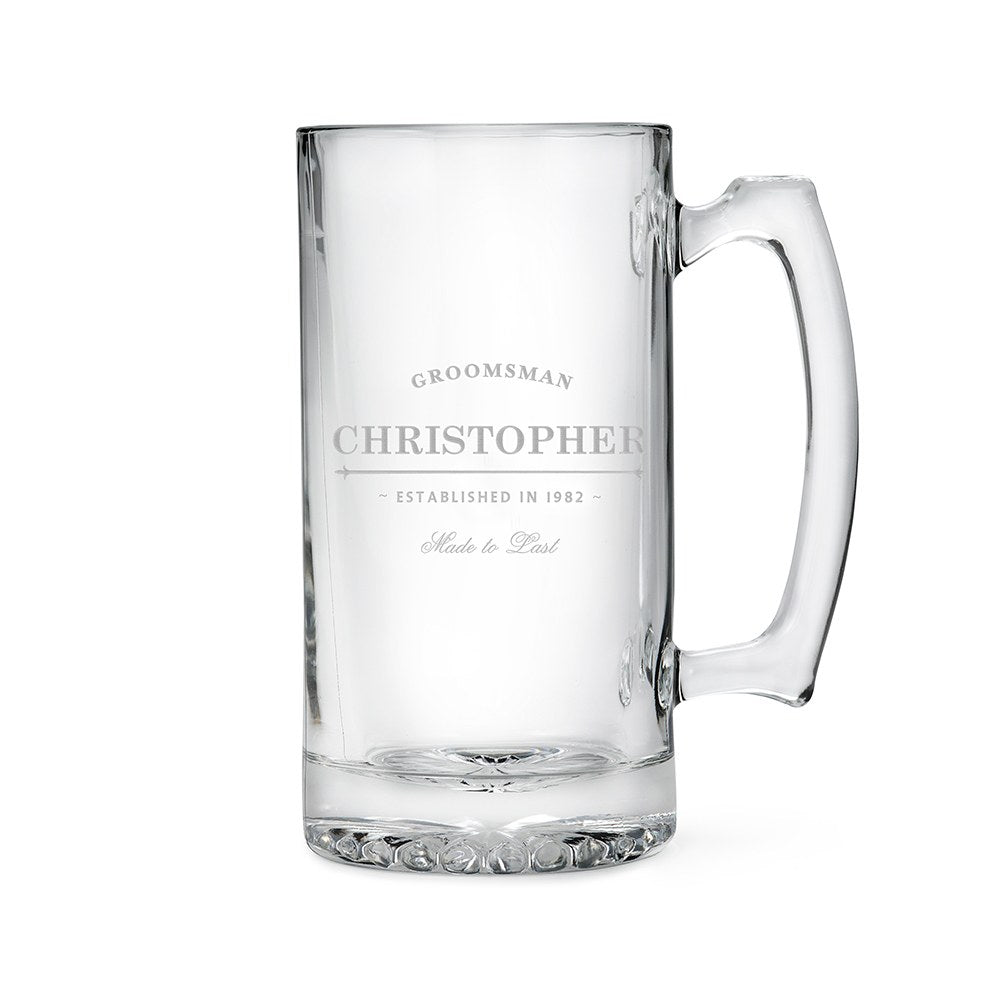 Personalized Large Glass Beer Mug – Established Groomsman And Best Man Engraving - Vispro Designs