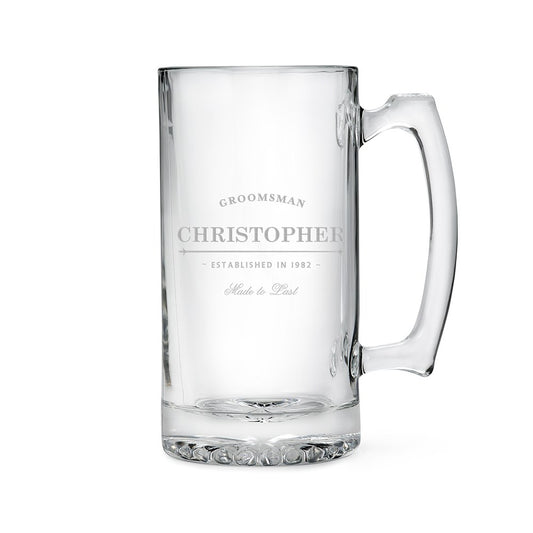 Personalized Large Glass Beer Mug – Established Groomsman And Best Man Engraving - Vispro Designs