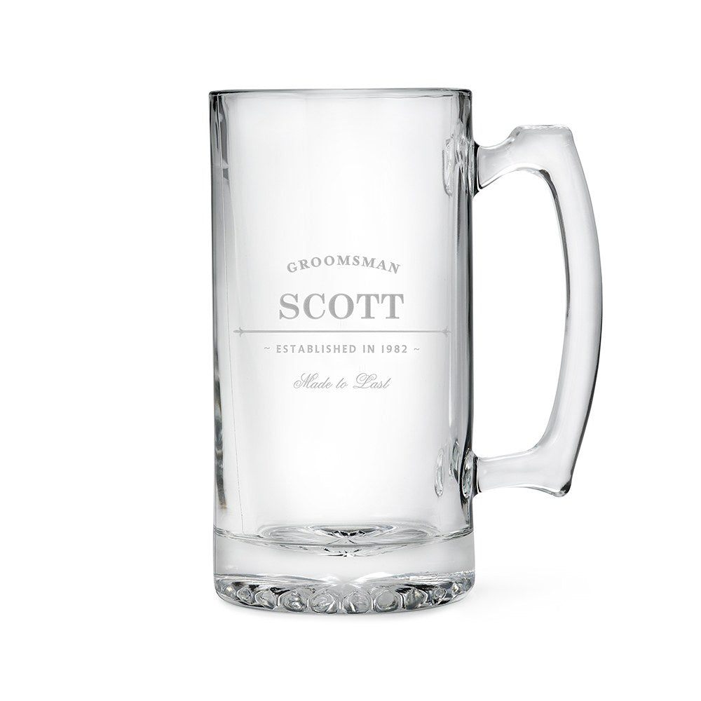 Personalized Large Glass Beer Mug – Established Groomsman And Best Man Engraving - Vispro Designs