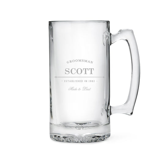Personalized Large Glass Beer Mug – Established Groomsman And Best Man Engraving - Vispro Designs
