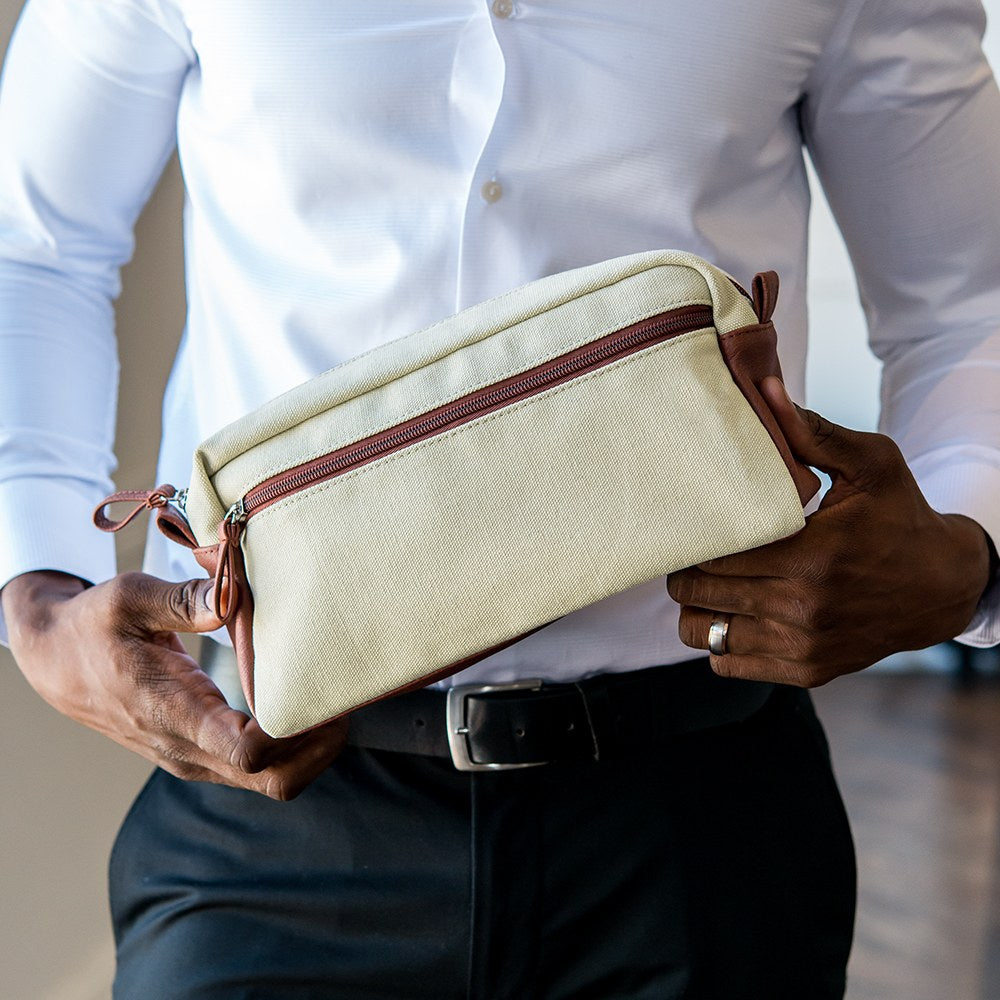 Personalized Men’s Dual Compartment Travel Toiletry Bag - Light Brown Canvas - Vispro Designs