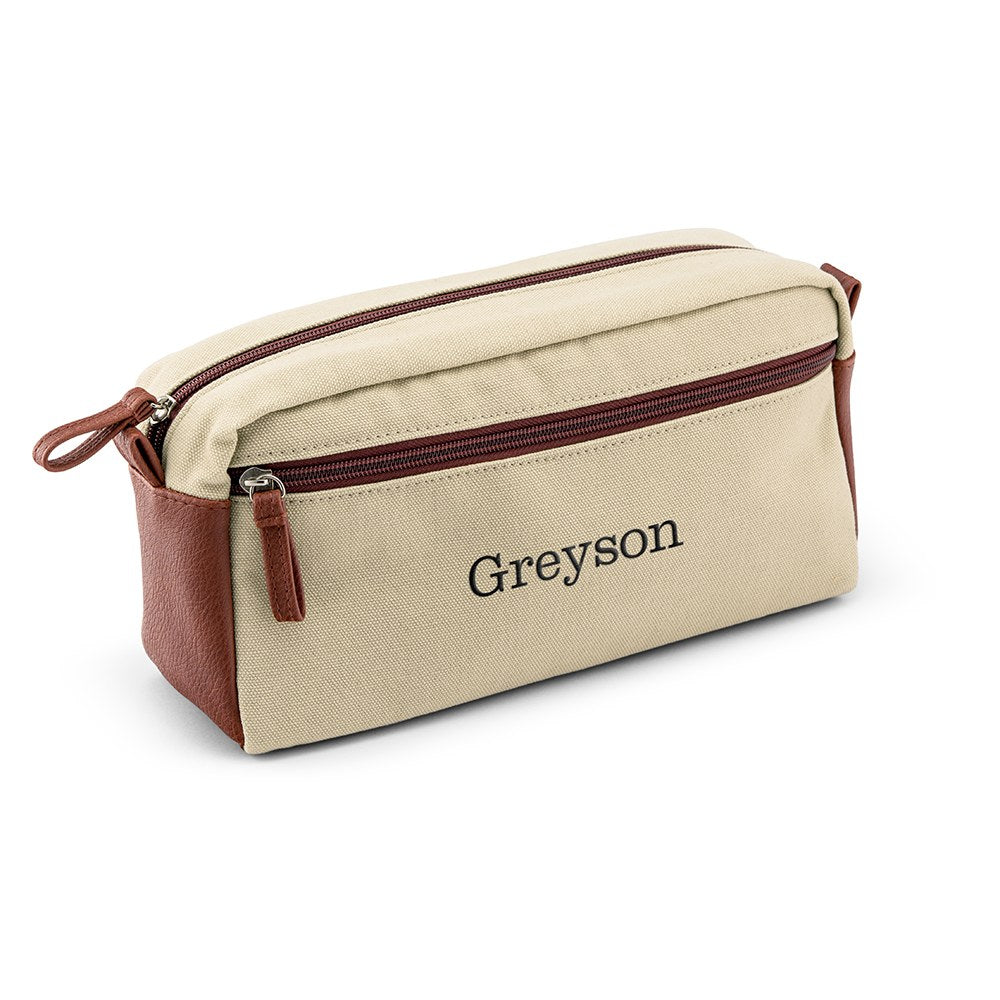 Personalized Men’s Dual Compartment Travel Toiletry Bag - Light Brown Canvas - Vispro Designs