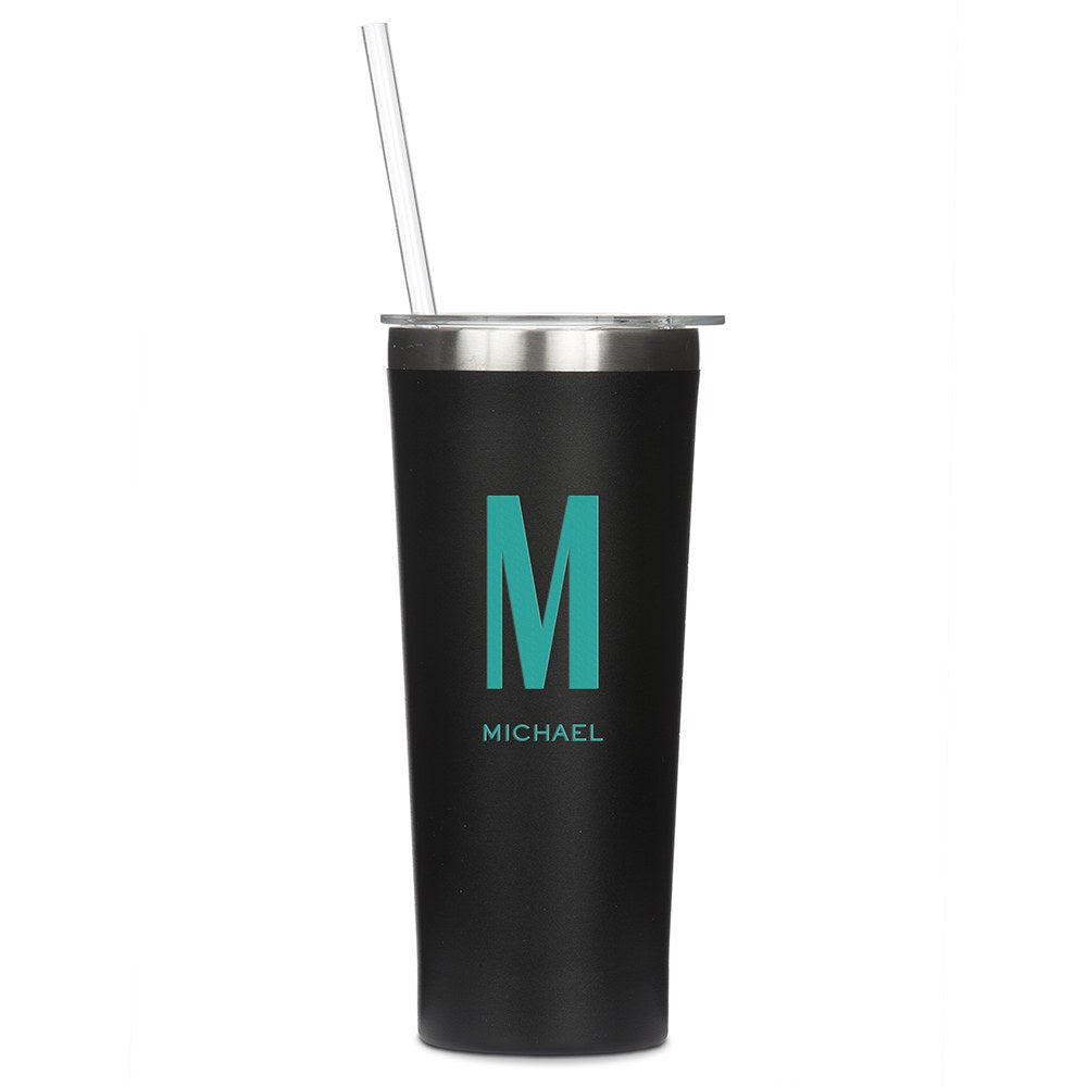 Personalized Black Stainless Steel Drink Tumbler - Sans Serif Monogram Print - Vispro Designs