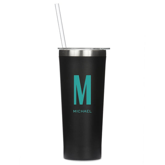 Personalized Black Stainless Steel Drink Tumbler - Sans Serif Monogram Print - Vispro Designs