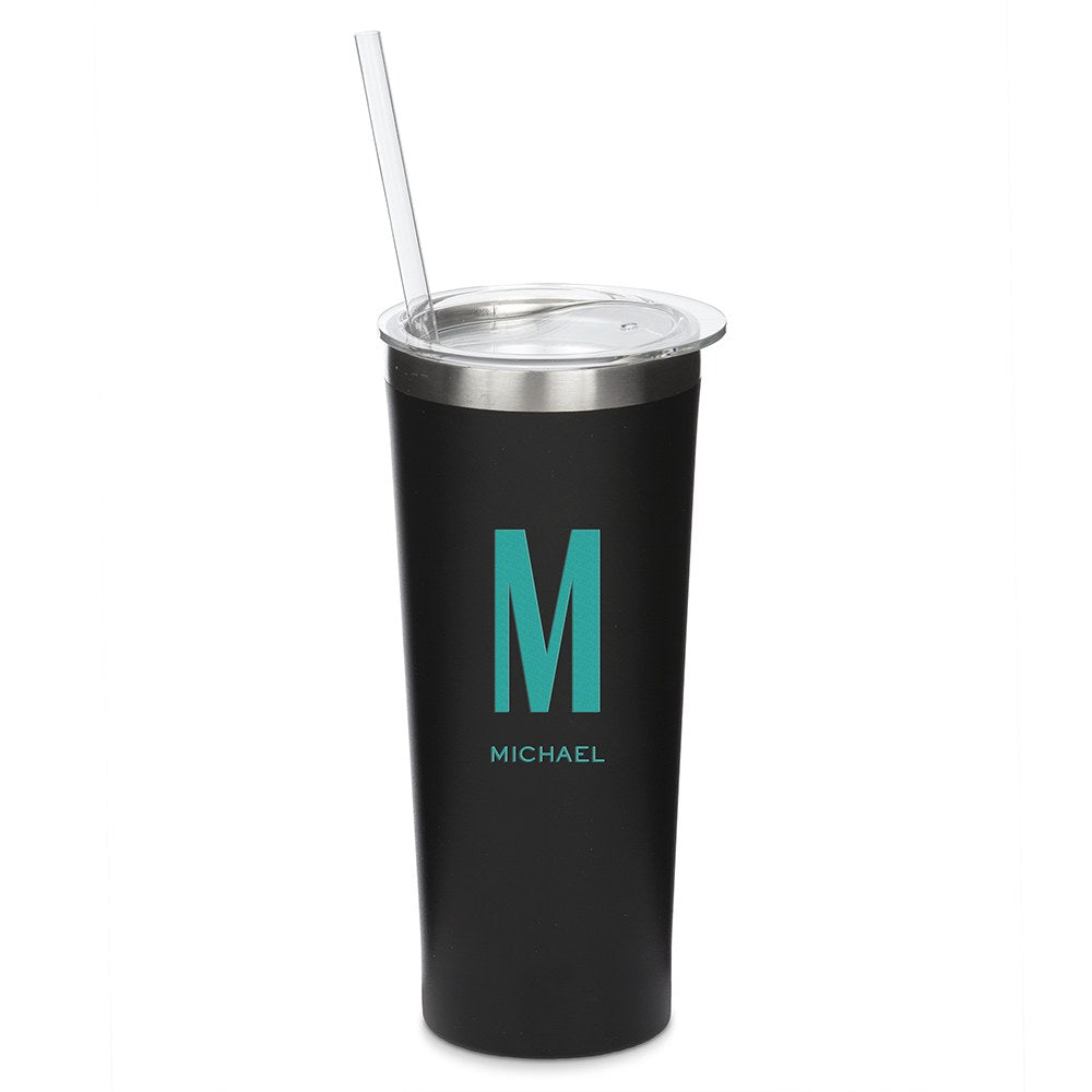 Personalized Black Stainless Steel Drink Tumbler - Sans Serif Monogram Print - Vispro Designs