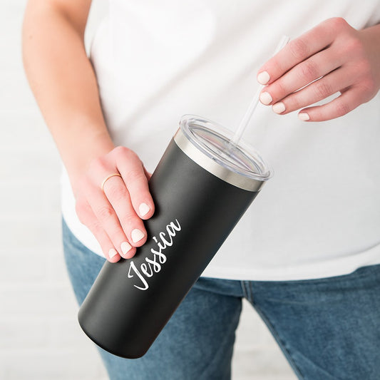 Personalized Black Stainless Steel Drink Tumbler - Calligraphy Print - Vispro Designs
