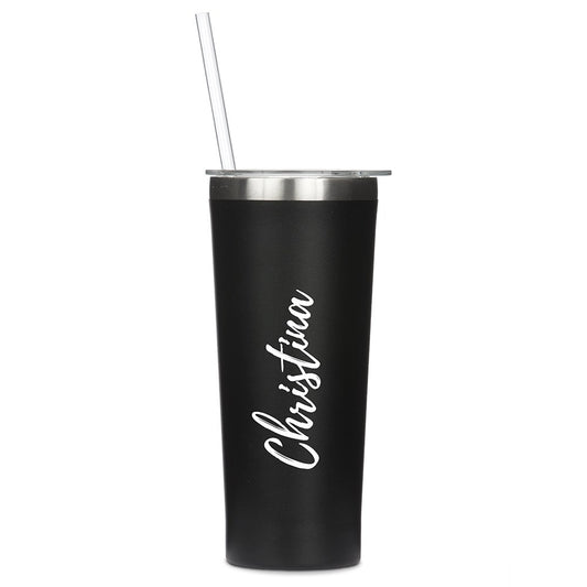 Personalized Black Stainless Steel Drink Tumbler - Calligraphy Print - Vispro Designs
