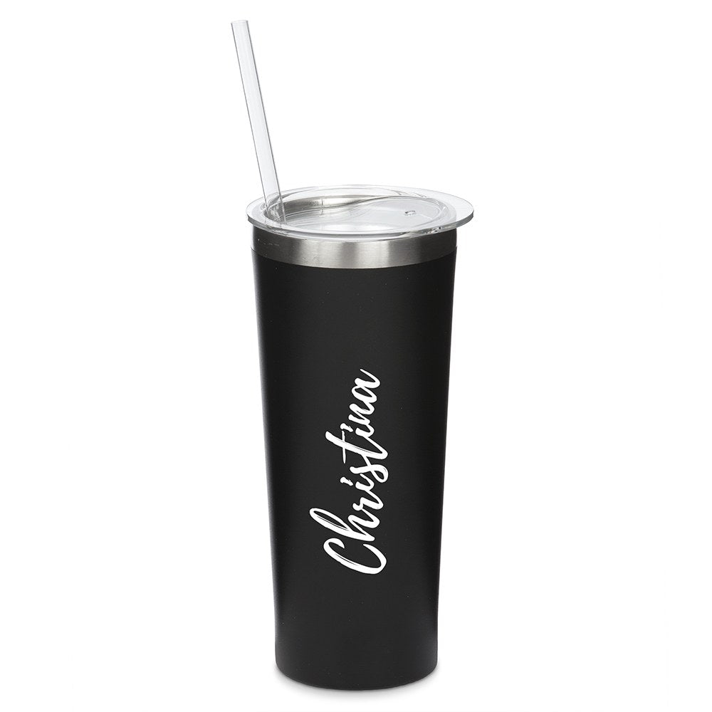 Personalized Black Stainless Steel Drink Tumbler - Calligraphy Print - Vispro Designs