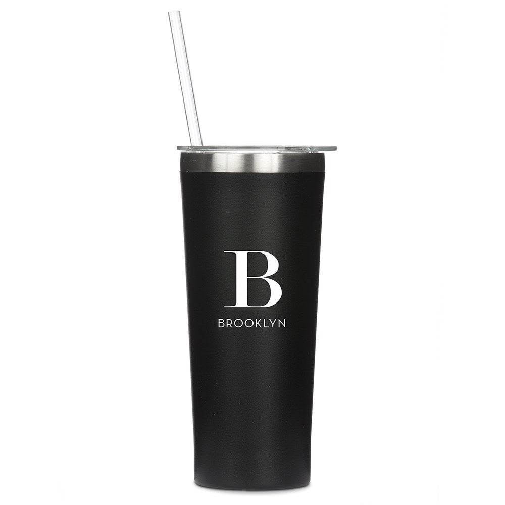 Personalized Black Stainless Steel Drink Tumbler - Modern Serif Monogram Print - Vispro Designs