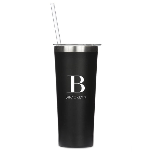 Personalized Black Stainless Steel Drink Tumbler - Modern Serif Monogram Print - Vispro Designs