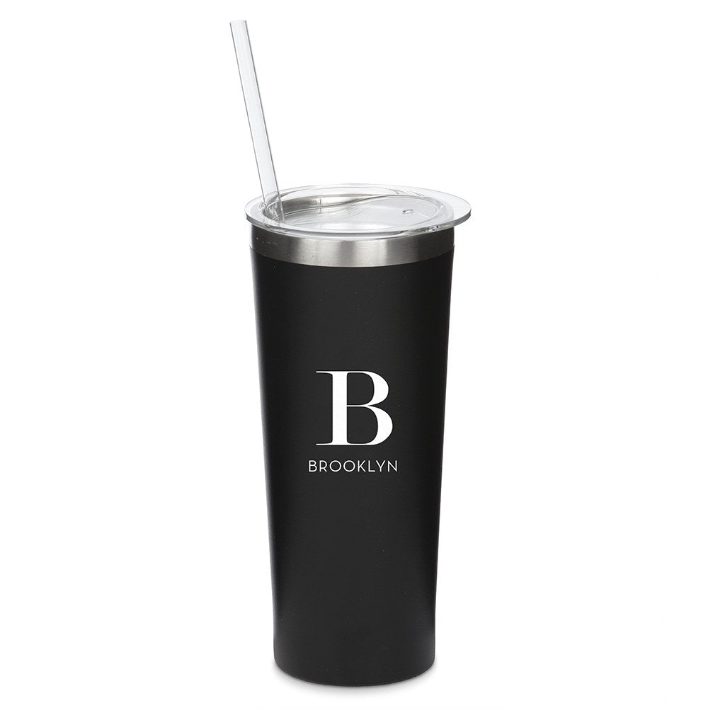 Personalized Black Stainless Steel Drink Tumbler - Modern Serif Monogram Print - Vispro Designs