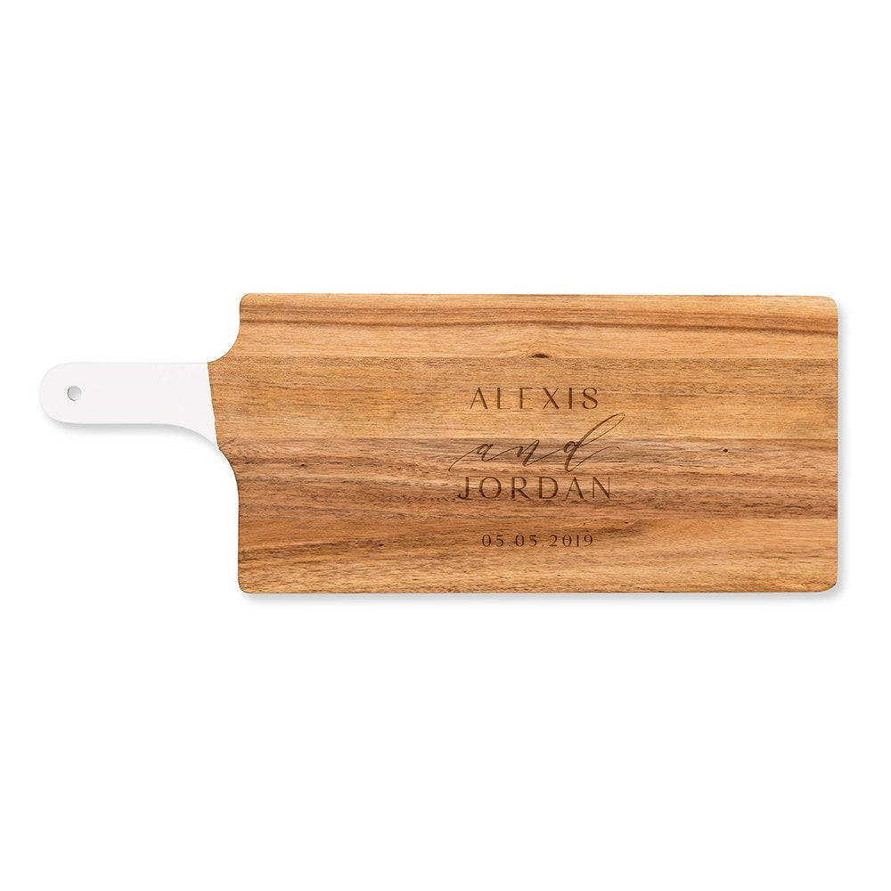 Personalized Wooden Cutting & Serving Board With White Handle - Modern Couple - Vispro Designs
