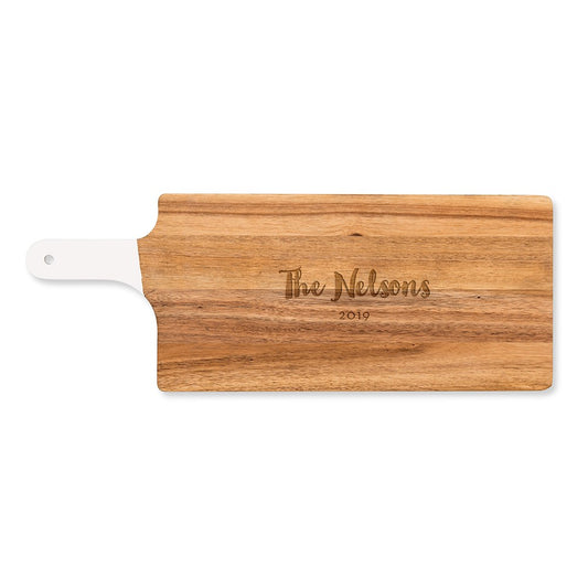 Personalized Wooden Cutting & Serving Board With White Handle - Retro Script - Vispro Designs