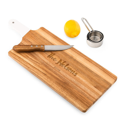 Personalized Wooden Cutting & Serving Board With White Handle - Retro Script - Vispro Designs