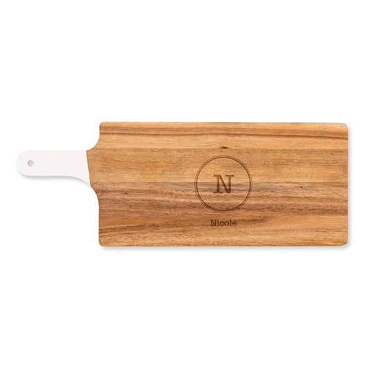 Personalized Wooden Cutting & Serving Board With White Handle - Circle Monogram - Vispro Designs