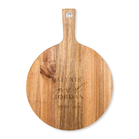 Personalized Wooden Round Cutting & Serving Board With Handle - Modern Couple - Vispro Designs