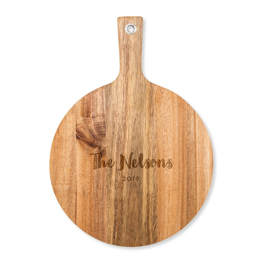 Personalized Wooden Round Cutting & Serving Board With Handle - Retro Script - Vispro Designs