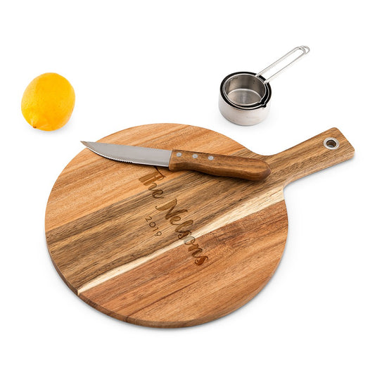 Personalized Wooden Round Cutting & Serving Board With Handle - Retro Script - Vispro Designs