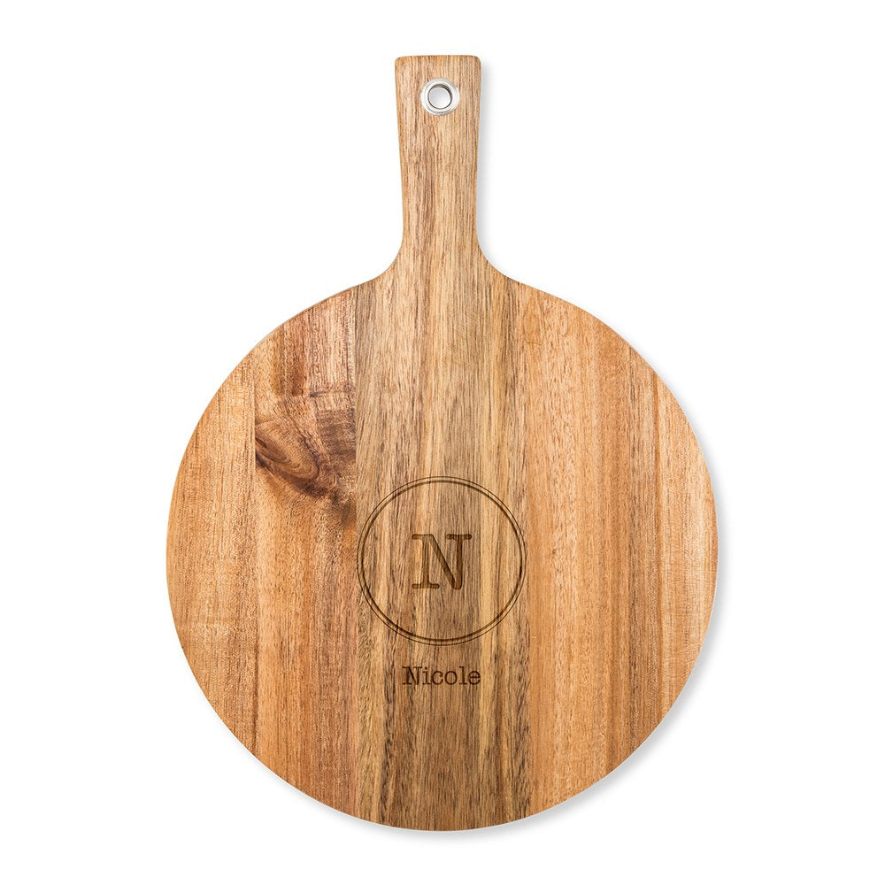 Personalized Wooden Round Cutting & Serving Board With Handle - Circle Monogram - Vispro Designs