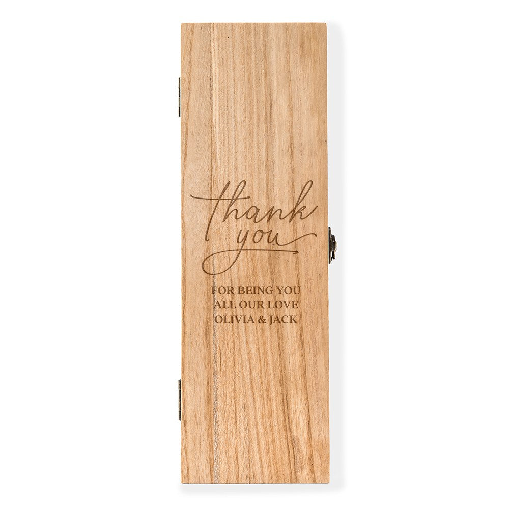 Custom Engraved Wooden Wine Gift Box With Lid - Thank You Script - Vispro Designs