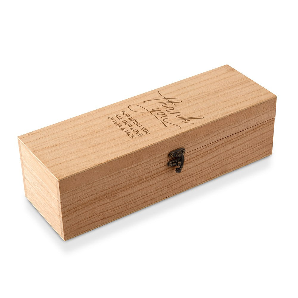 Custom Engraved Wooden Wine Gift Box With Lid - Thank You Script - Vispro Designs
