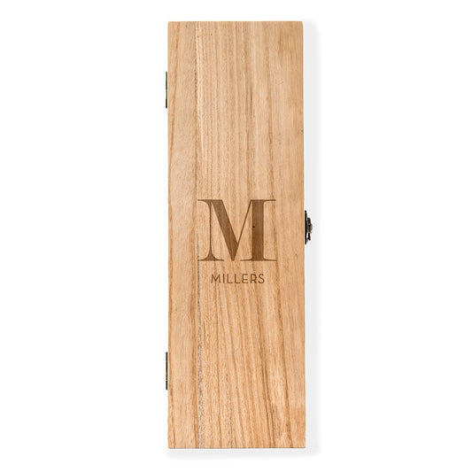 Custom Engraved Wooden Wine Gift Box With Lid - Modern Serif Monogram - Vispro Designs