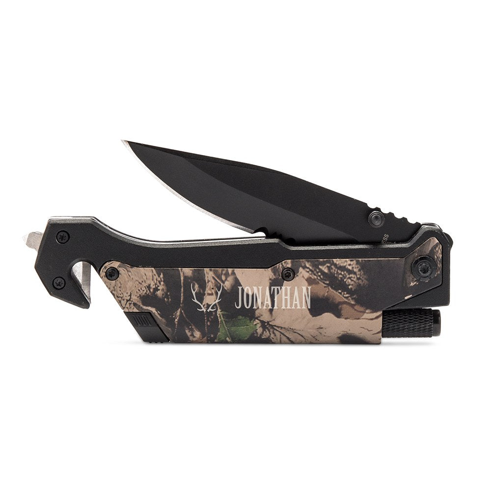Personalized Camouflage Pocket Knife With Light - Antler Motif - Vispro Designs