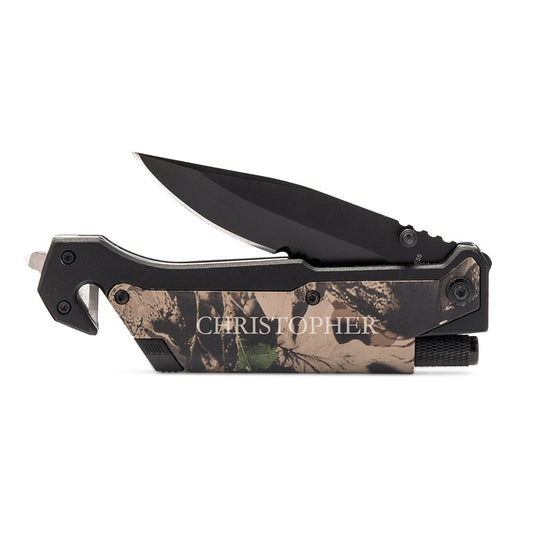 Personalized Camouflage Pocket Knife With Light - Serif Font - Vispro Designs