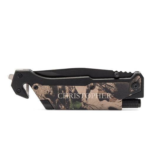 Personalized Camouflage Pocket Knife With Light - Serif Font - Vispro Designs