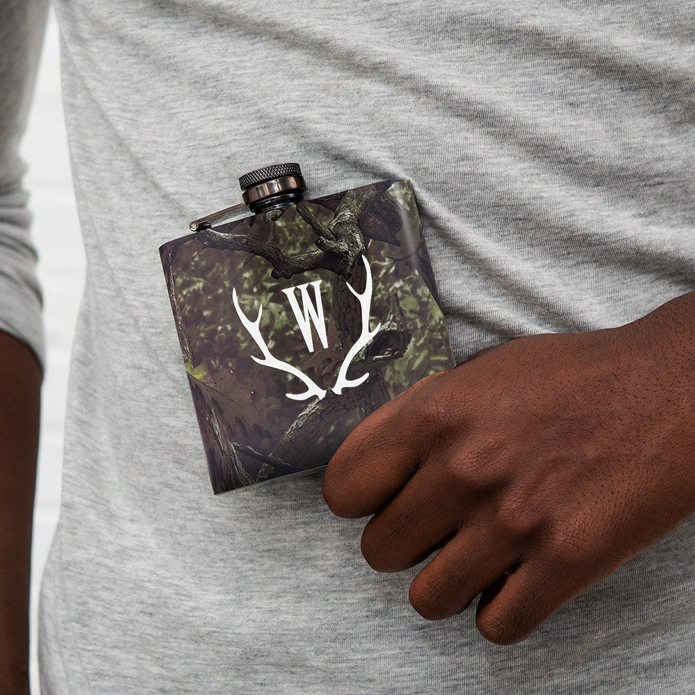 Personalized Camo Hip Flask Wedding Gift - Antler Monogram - Vispro Designs