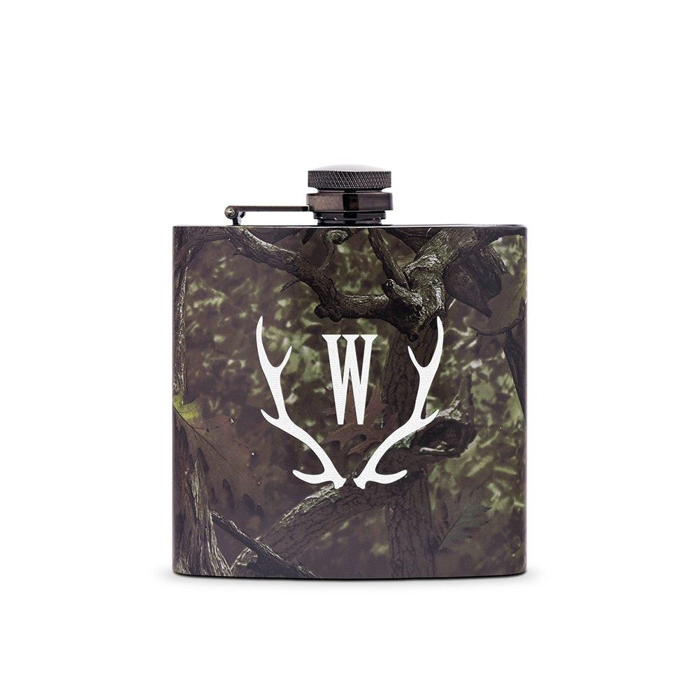 Personalized Camo Hip Flask Wedding Gift - Antler Monogram - Vispro Designs