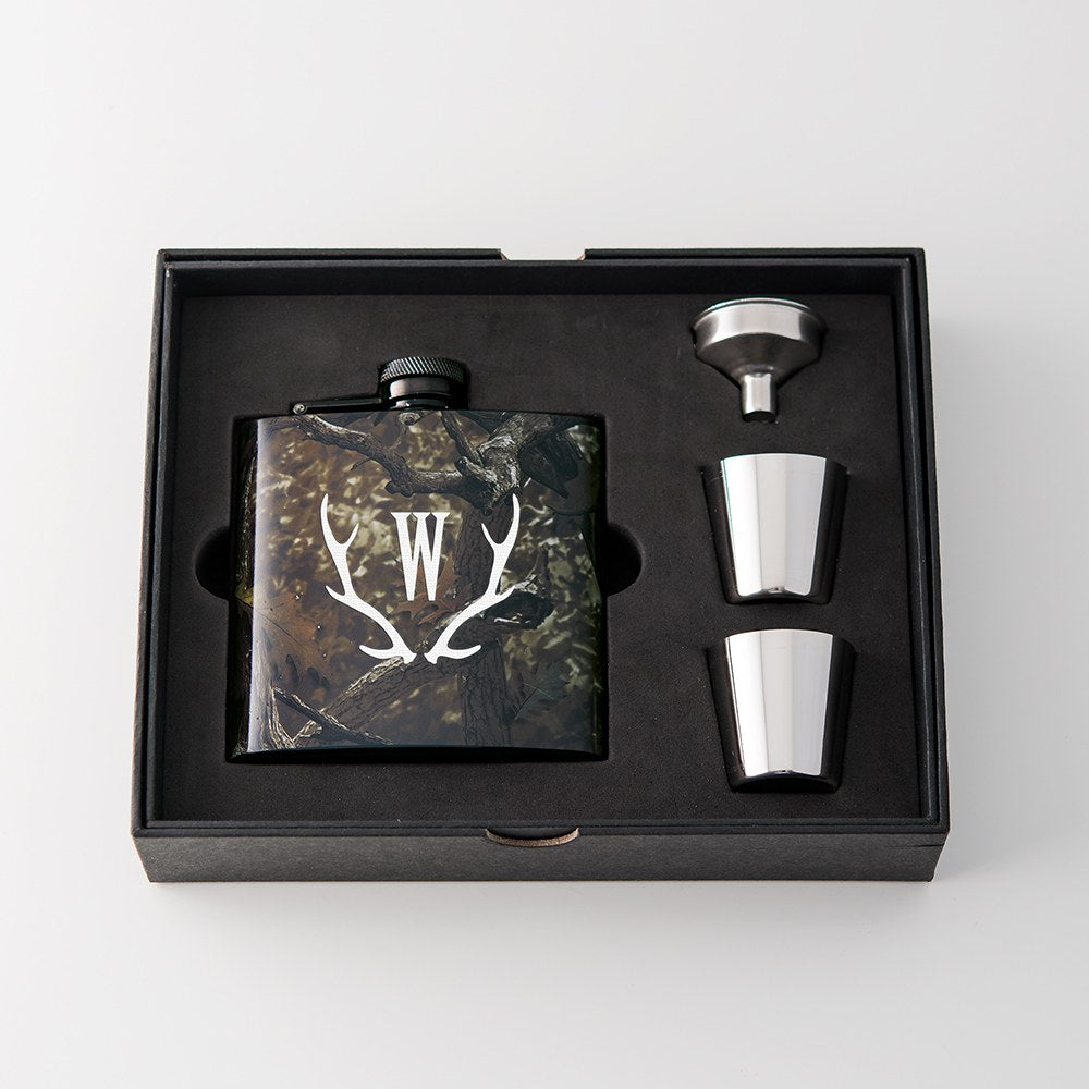 Personalized Camo Hip Flask Wedding Gift - Antler Monogram - Vispro Designs