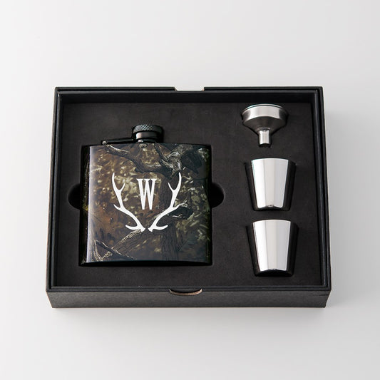 Personalized Camo Hip Flask Wedding Gift - Antler Monogram - Vispro Designs