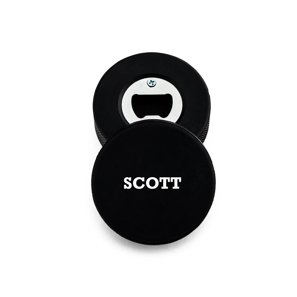 Custom Hockey Puck Bottle Opener Gift - Bold Font - Vispro Designs