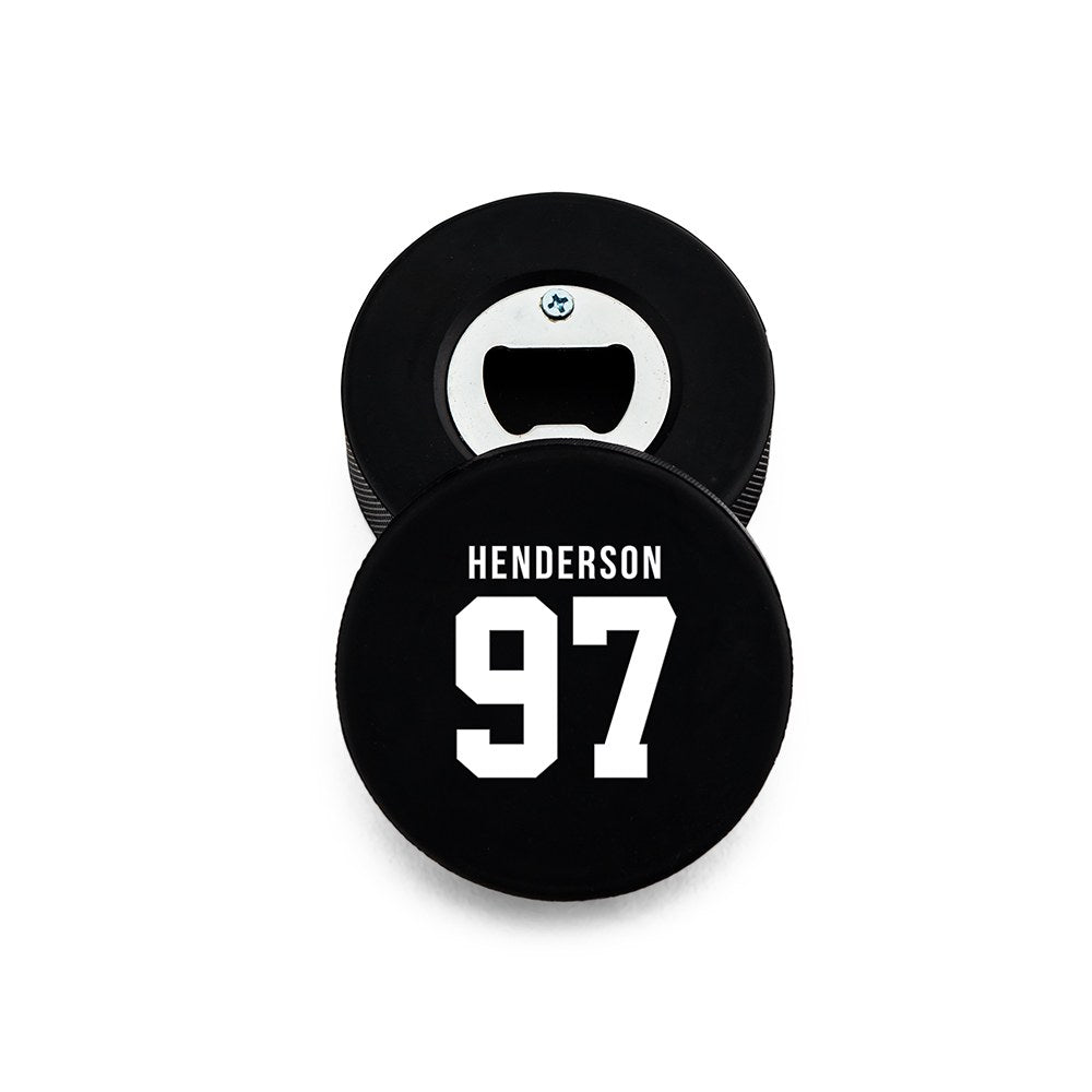 Custom Hockey Puck Bottle Opener Gift - Jersey Back - Vispro Designs