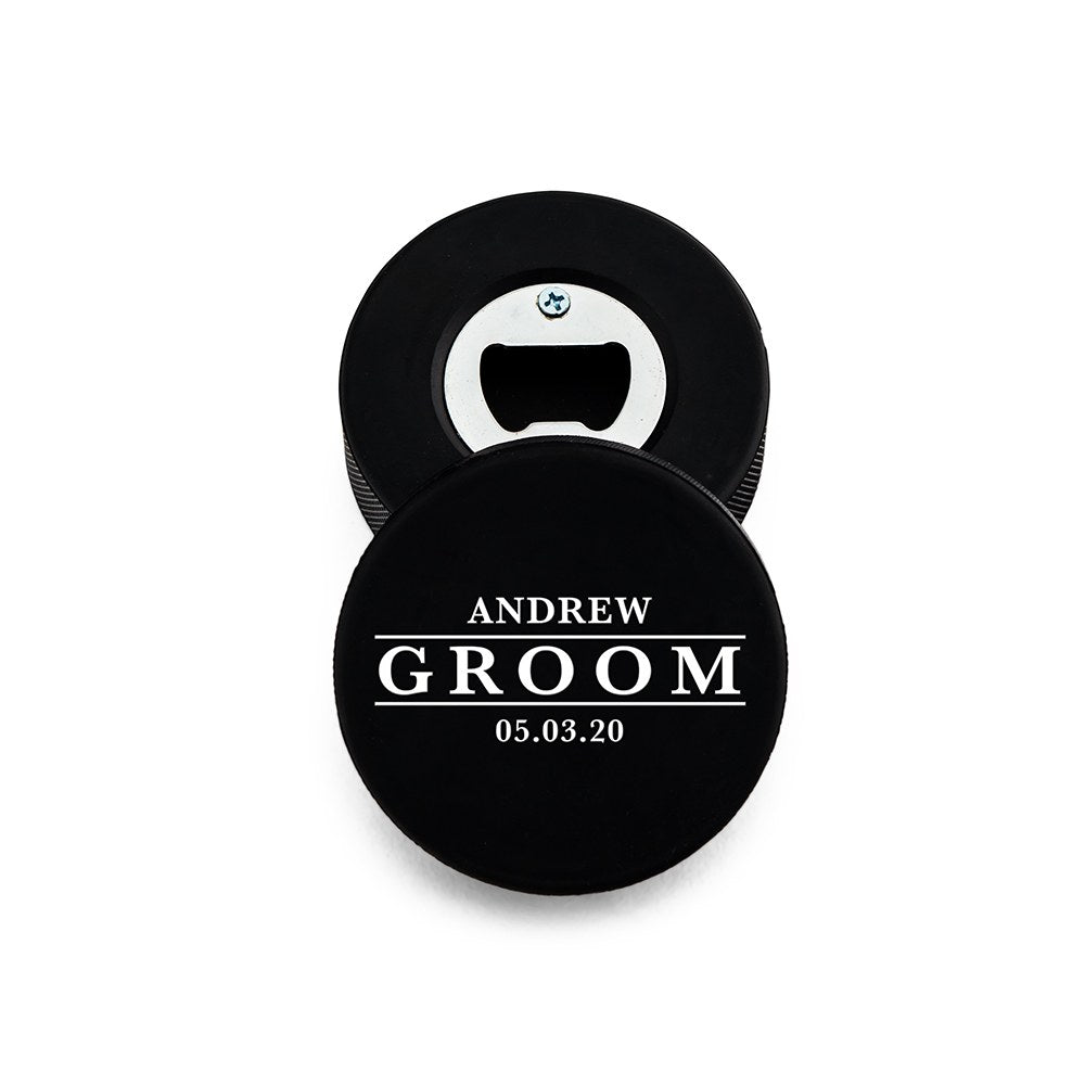 Custom Hockey Puck Bottle Opener Gift - Groom - Vispro Designs