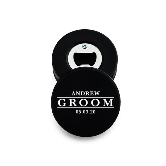 Custom Hockey Puck Bottle Opener Gift - Groom - Vispro Designs