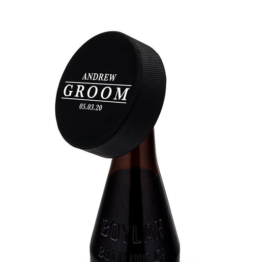 Custom Hockey Puck Bottle Opener Gift - Groom - Vispro Designs