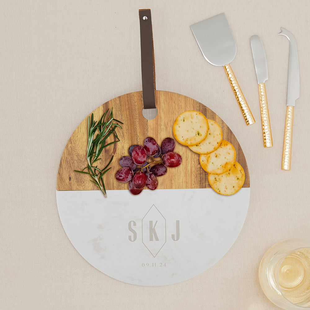 Personalized Round Marble & Wood Serving Board | Custom Serving Board | Charcuterie Board - Vispro Designs
