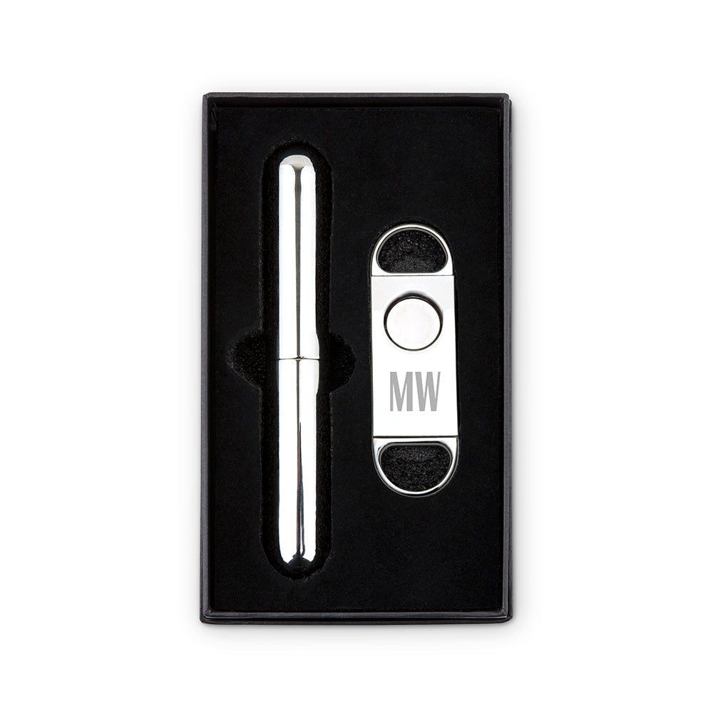 Personalized Silver Stainless Steel Cigar Cutter And Travel Tube Gift Set - Vispro Designs