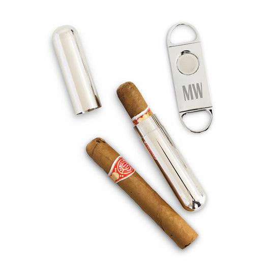 Personalized Silver Stainless Steel Cigar Cutter And Travel Tube Gift Set - Vispro Designs