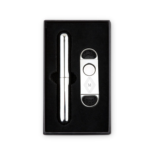 Personalized Silver Stainless Steel Cigar Cutter And Travel Tube Gift Set - Vispro Designs