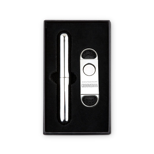 Personalized Silver Stainless Steel Cigar Cutter And Travel Tube Gift Set - Vispro Designs