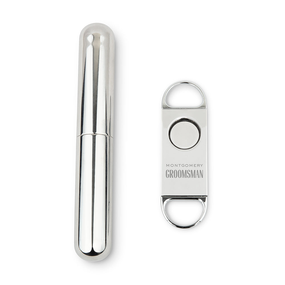 Personalized Silver Stainless Steel Cigar Cutter And Travel Tube Gift Set - Vispro Designs