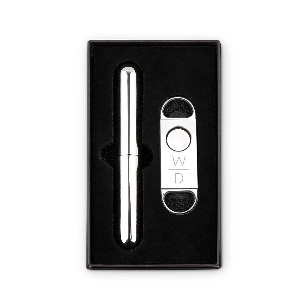 Personalized Silver Stainless Steel Cigar Cutter And Travel Tube Gift Set - Vispro Designs