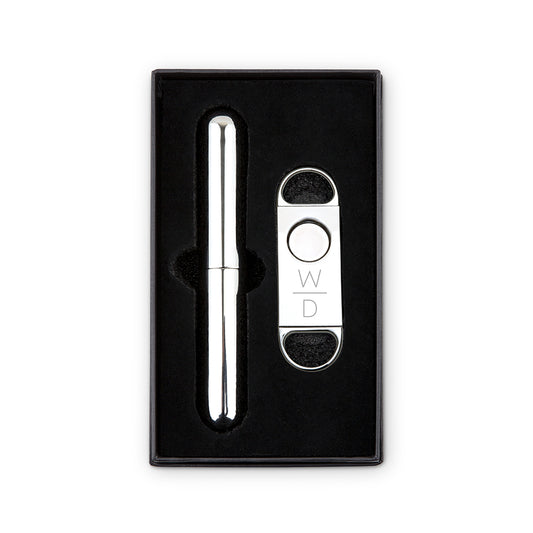 Personalized Silver Stainless Steel Cigar Cutter And Travel Tube Gift Set - Vispro Designs