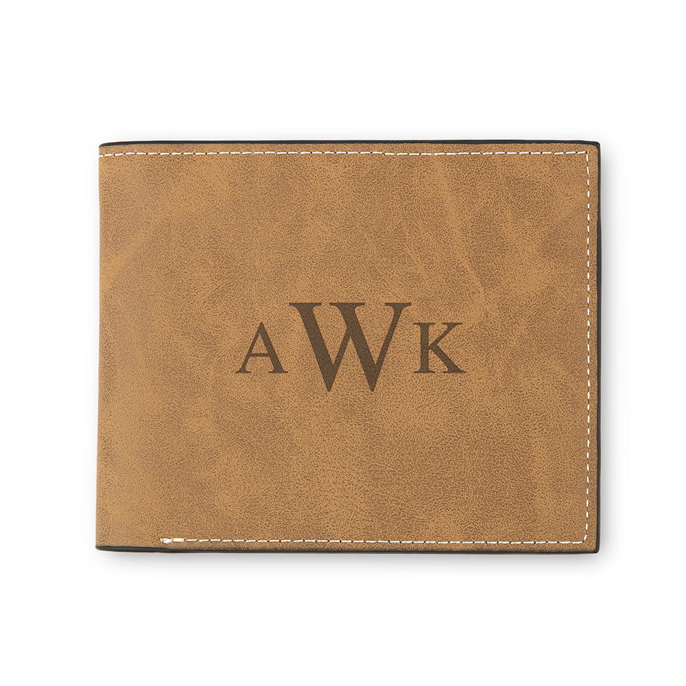 Men’s Custom Engraved Brown Faux Leather Wallet - Traditional Monogram - Vispro Designs