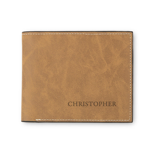 Men’s Custom Engraved Brown Faux Leather Wallet - Serif Font - Vispro Designs