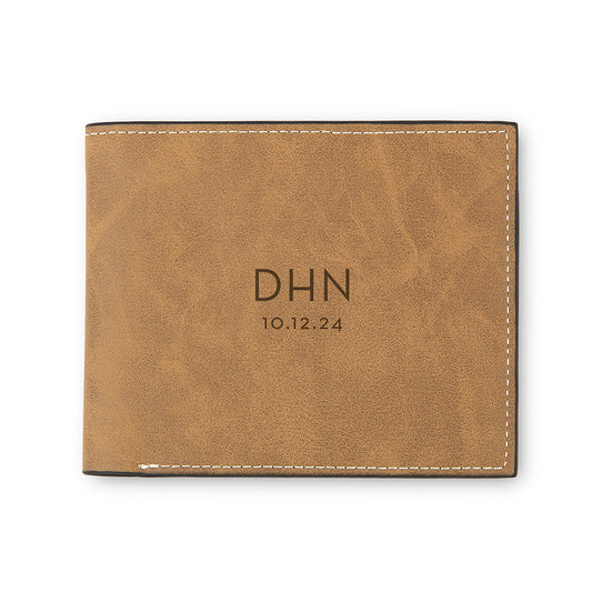 Men’s Custom Engraved Brown Faux Leather Wallet - Modern Monogram - Vispro Designs